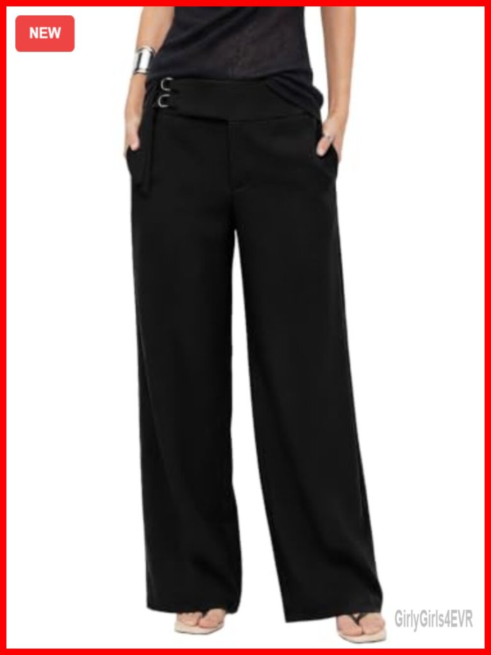 Women Wide Leg High Waist Work Pants with Belt & Pockets